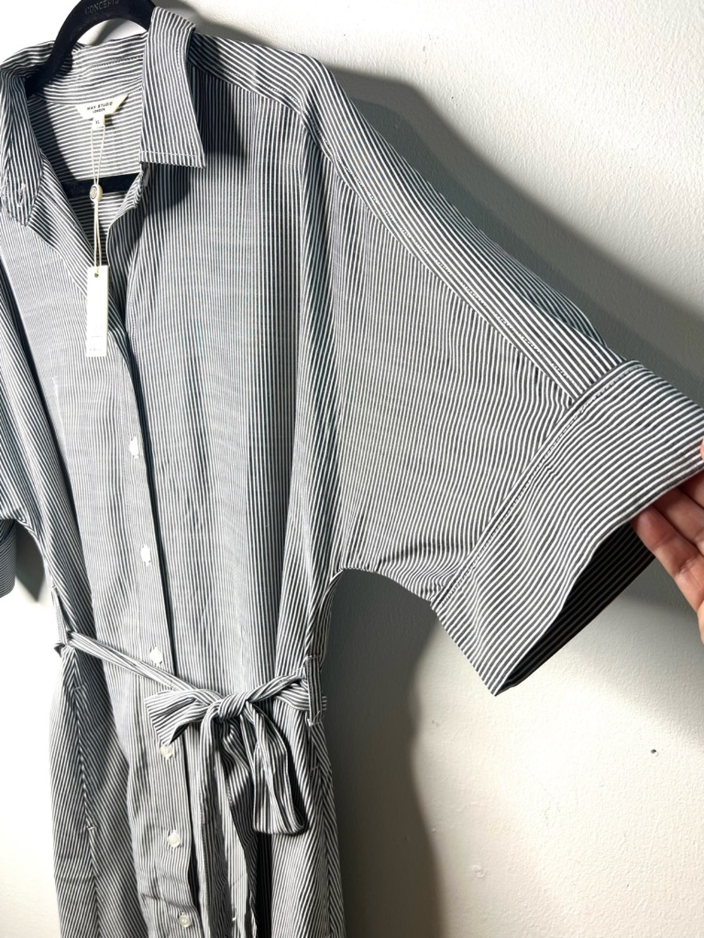 Max Studio Pin Stripe Button Down Shirt Dress Tie Waist Gray White SZ XL NWT - Picture 4 of 9